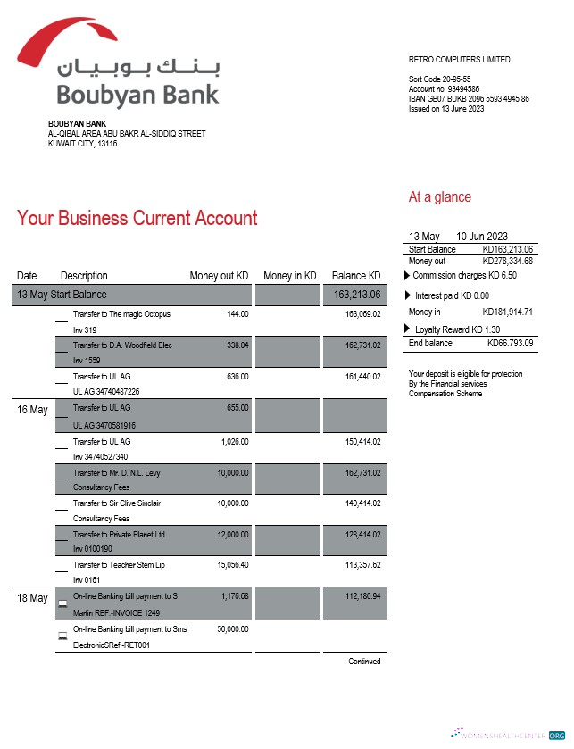 Download Boubyan Bank enterprise account statement Word and PDF template Photoshop template